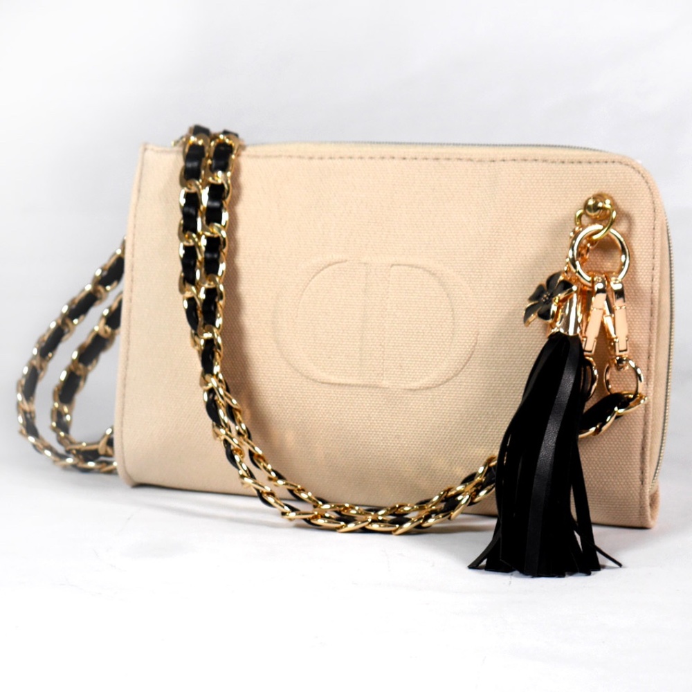 Dior Cream Cosmetic Bag with Black and Gold Accents